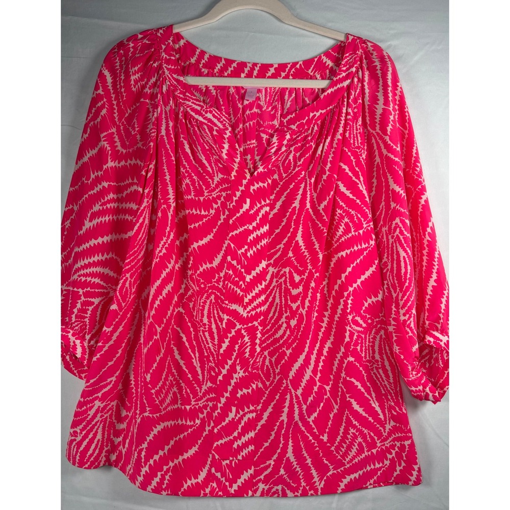 Lilly Pulitzer Pink & Off White Abstract Silk Blouse Split Neck 3/4 Sleeve Small